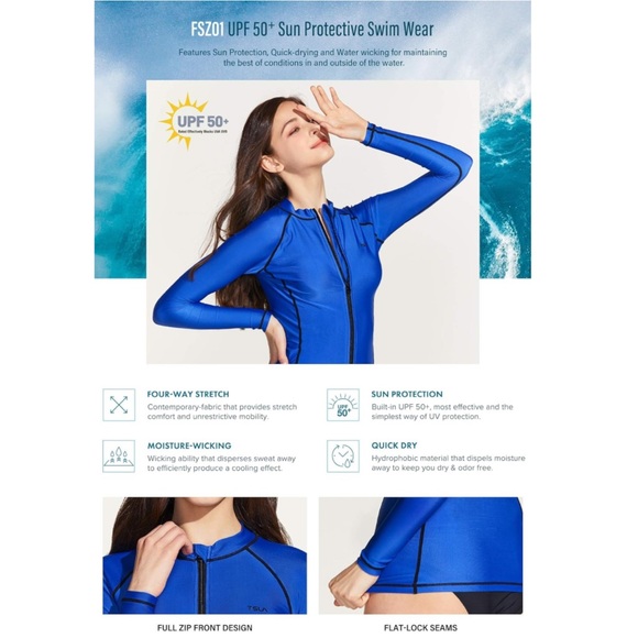 TSLA Blue UPF 50+ Zipper Rash Guard, Water Surfing Long Sleeve Swimsuit/ Wetsuit - Picture 3 of 9